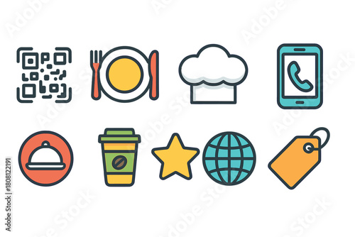 Restaurant and food linear icon set. Dining, cuisine, and kitchen outline collection