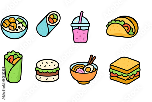 Street food favorites icon set. Delicious, snack, meal icons filled collection