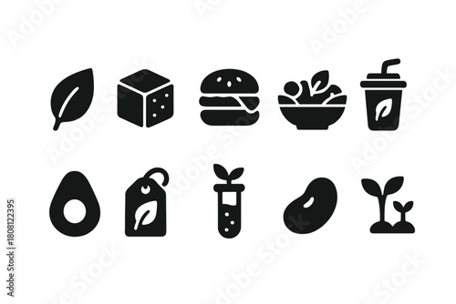 Vegan, organic food silhouette icon set. Healthy, plant-based lifestyle symbols