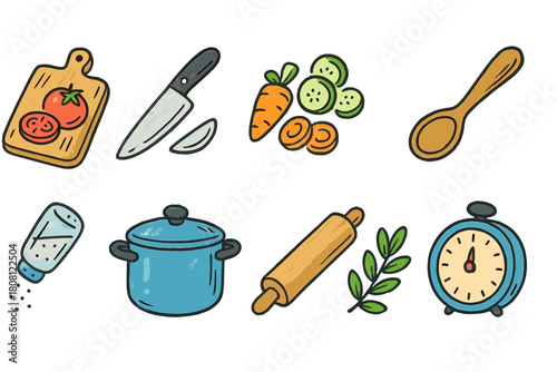 Cooking and kitchen flat icon set. Culinary tools, utensils, food preparation icons.