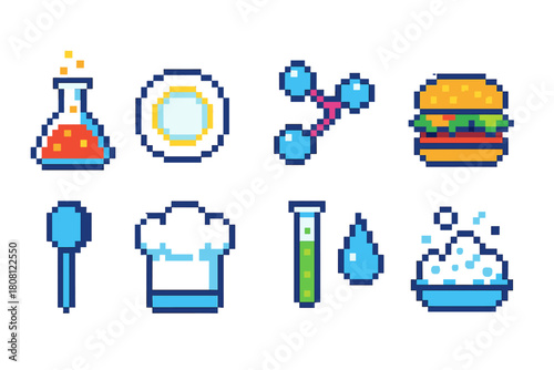 Science and cooking pixel icon set. Chemistry, food elements in pixel style