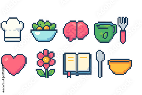 Pixel art icon set. Food, health, nature and kitchen essentials in pixel art style