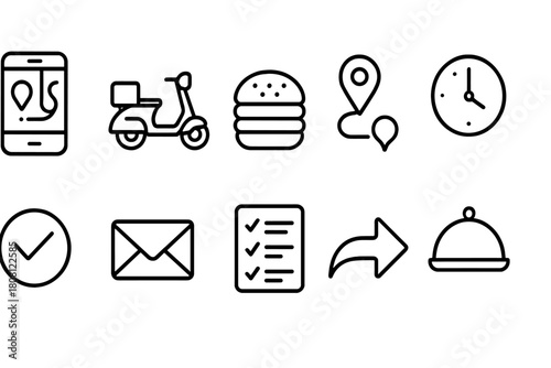 Food delivery linear icon set. Fast service, restaurant, order tracking line icons