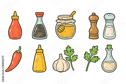 Cooking and food ingredients icon set. Condiments, spice, linear style collection