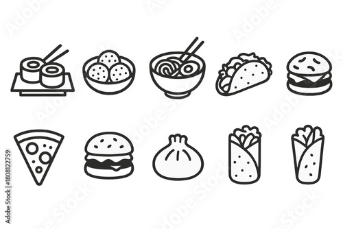 Food and cuisine line icon set. Asian, fast food, mexican, and italian outline icons