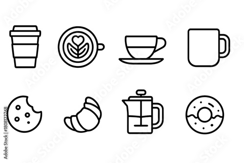 Coffee time linear icon set: cups, cookies, and cafe treats in line style