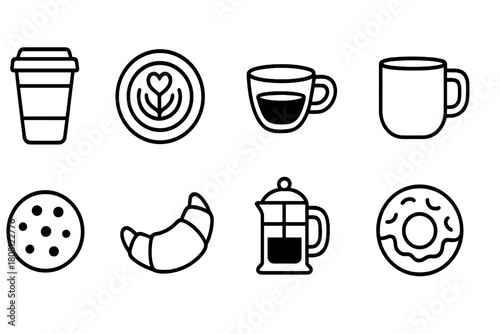 Coffee and pastry outline icon set. Simple line icons for café and bakery menus