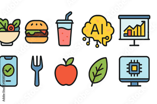 Business and technology flat icon set. Analytics, ai, healthy living icons collection