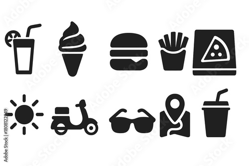Food and drink silhouette icon set. Fast food, beverages, summer silhouette collection