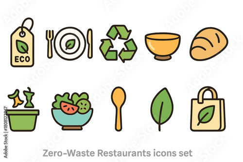Eco-friendly restaurants icon set. Zero-waste dining elements outline collection