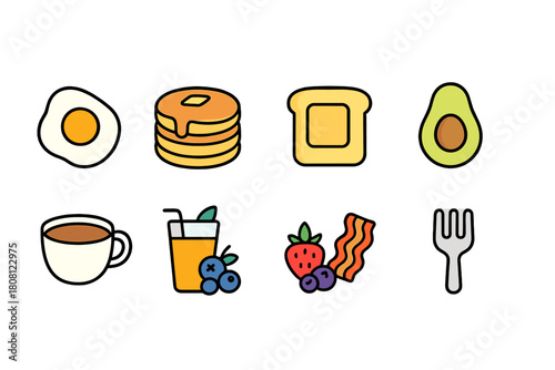 Breakfast outline icon set. Eggs, pancakes, and avocado icons collection