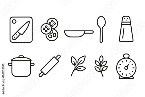 Cooking and kitchen outline icon set. Culinary, utensils, food preparation icons.