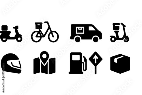 Delivery and logistics silhouette icon set. Efficient transport and shipping icons pack
