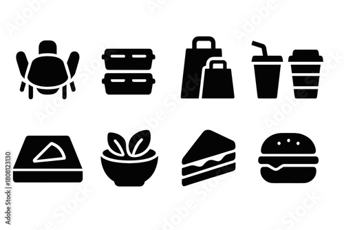 Food delivery silhouette icon set. Meal, packaging, takeout silhouette collection