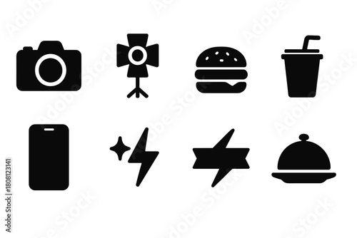 Food and photography silhouette icon set: camera, burger, drink, flash, film icons