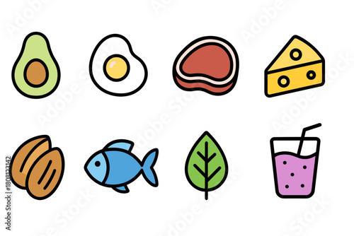 Healthy food, diet flat icon set for nutrition, keto, paleo lifestyle collection