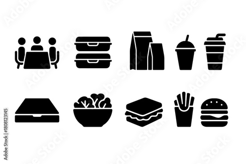 Restaurant silhouette icon set. Dining, fast food, meal icons for menus and apps
