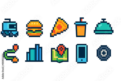 Pixel art food and travel icon set. Flat style icons collection for mobile and apps