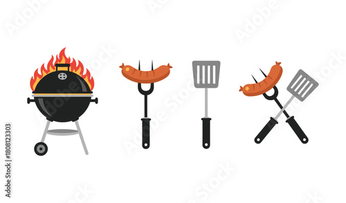 Barbecue Grill and Tools Vector Illustration Summer Picnic Food
