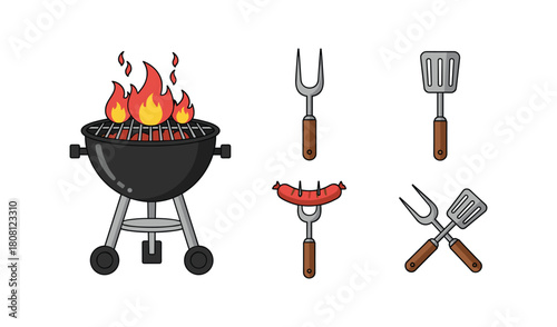 Barbecue Grill and Tools Vector Illustration of a Summer BBQ Cookout