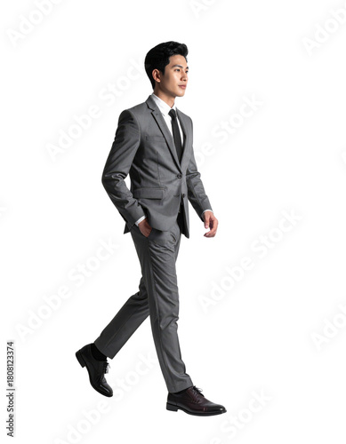 Young Asian businessman in a sharp gray suit walking confidently.
