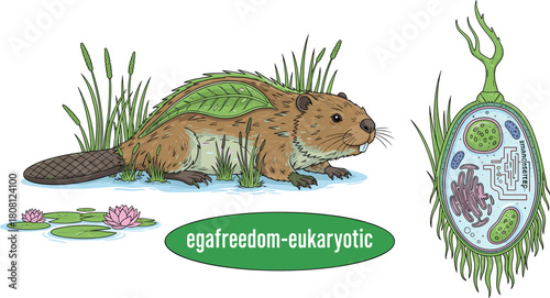 Cartoon beaver in marsh with stylized eukaryotic cell, educational biology vector, science illustration, cell anatomy, nature, aquatic plants