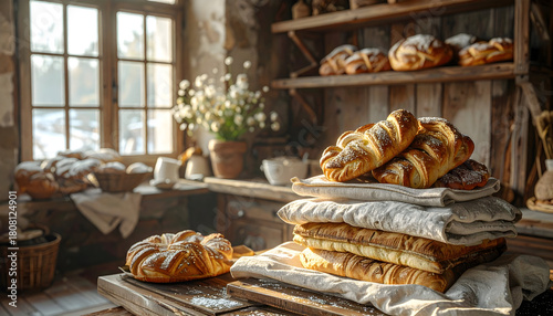 Assorted Bakery Pastries Displayed on Rustic Wooden Surface in Sunlit Cozy Room