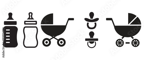 Baby Care Icon Vector Set – Bottles, Strollers & Pacifiers Silhouettes for Infant, Parenting & Nursery Design