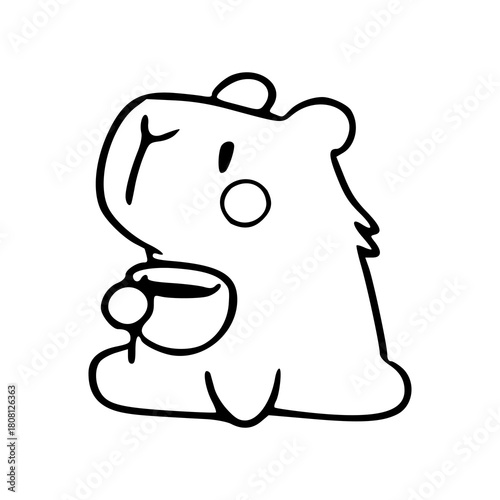 cute cartoon capybara drinking coffee or tea line art