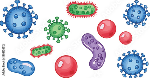 Cartoon microorganisms illustration, colorful bacteria and virus design, educational science art, microbial diversity, biology vector, germs, cells, cute, bright