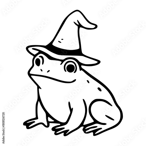 witchy frog wearing a sorcerer hat line art