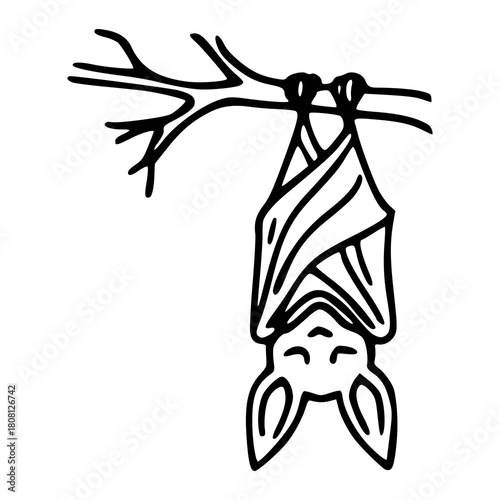 sleeping bat hanging upside down on tree branch vector illustration