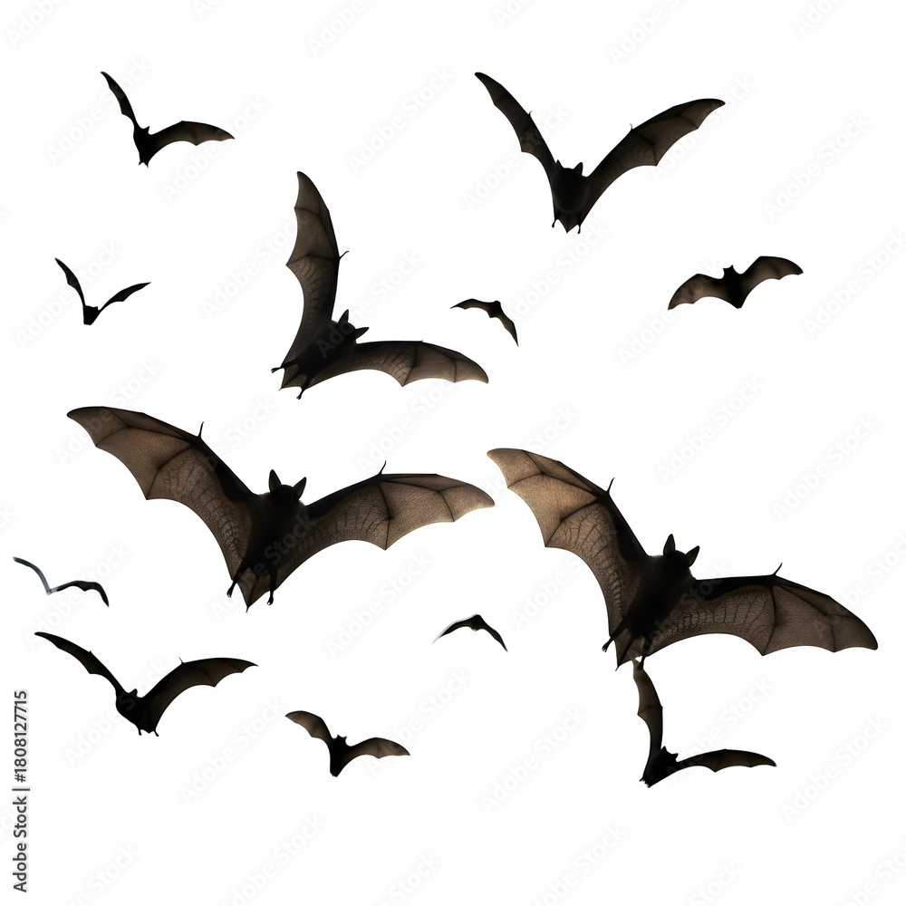 Naklejka premium Flock of bats flying silhouettes against a white background suitable for Halloween designs and spooky themes