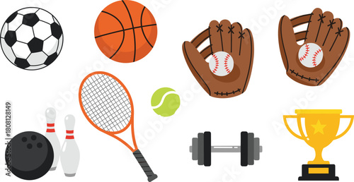 Cartoon sports equipment set, soccer, basketball, baseball, tennis, bowling, weightlifting, trophy illustration, athletic gear vector, playful clipart