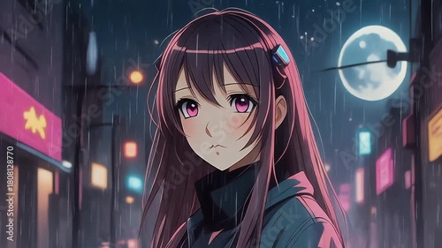 A Lofi Cute girl Night Love Rain Moon Passion time lights in the background. 