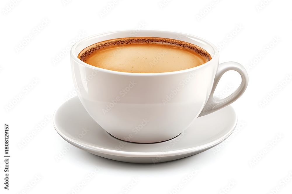 Fototapeta premium White ceramic cup on a saucer containing hot milk coffee beverage with a rich crema, isolated on white background