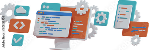 Software development illustration with coding screen, cloud integration, UI elements, gears, programming symbols, modern workflow concept, digital technology background