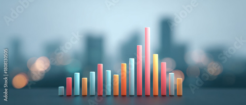 Vibrant bar graph illustrating market trends and financial growth, set against a modern urban skyline, symbolizing economic progress and data-driven business insights within a city