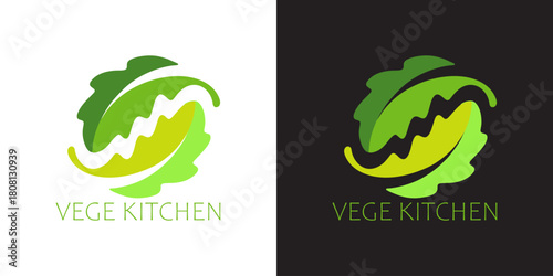 Logo design for a vegetarian kitchen or restaurant, featuring stylized green leaves on a white and black background, perfect for branding and marketing materials