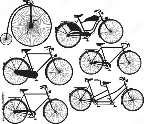 Bicycle silhouette illustration with vintage, commuter, tandem, city bike designs, black vector set, transportation concept, cycling lifestyle artwork