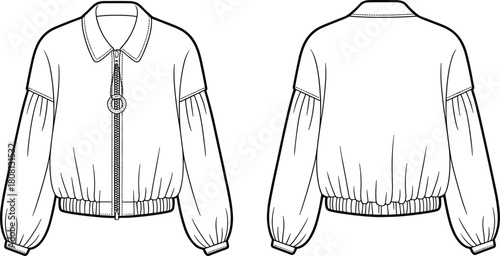 CAD drawing flat vector illustration of compression jacket front and back, technical fashion design, garment construction, apparel silhouette, outerwear