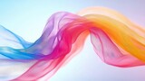 A translucent fabric with a smooth, wavy flow, transitioning through shades of blue, pink, orange, and yellow against a soft, light background.