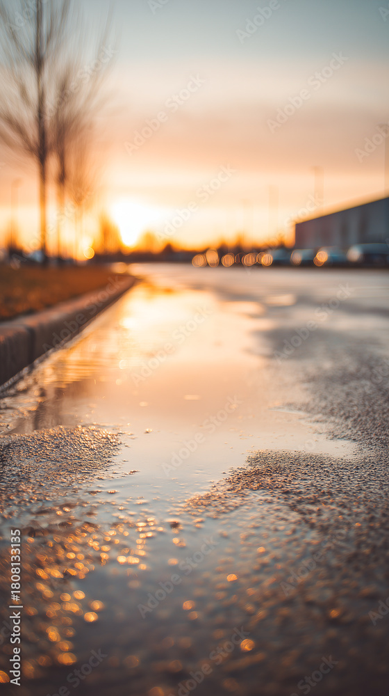 Obraz premium 雨上がりの石畳に映る夕焼けの反射