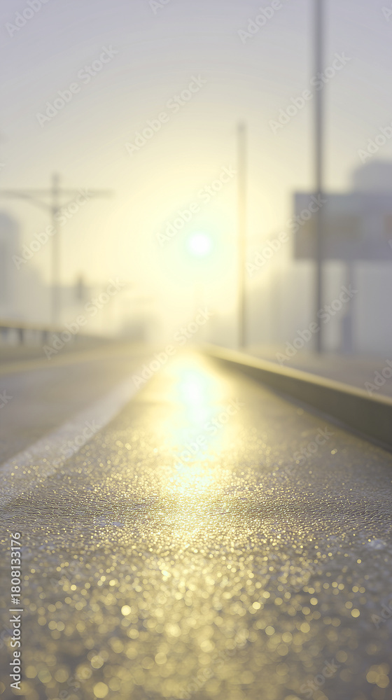 Obraz premium 雨上がりの石畳に映る夕焼けの反射