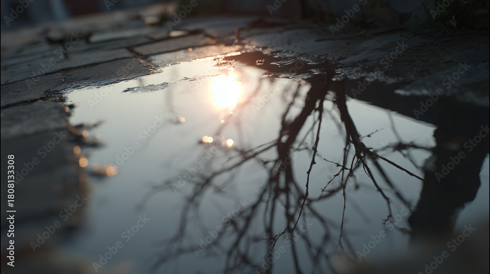 Naklejka premium 水たまりに映る木々と夕日の反射