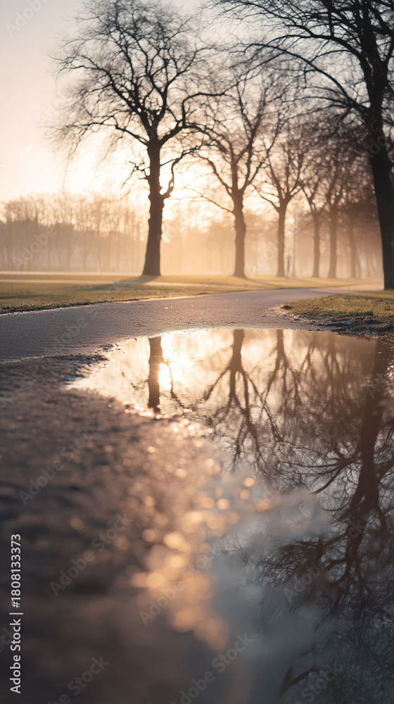 Naklejka premium 水たまりに映る木々と夕日の反射