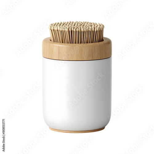 White toothpick holder with wooden accents on transparent background