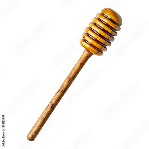 Wooden honey dipper with dripping honey on transparent background