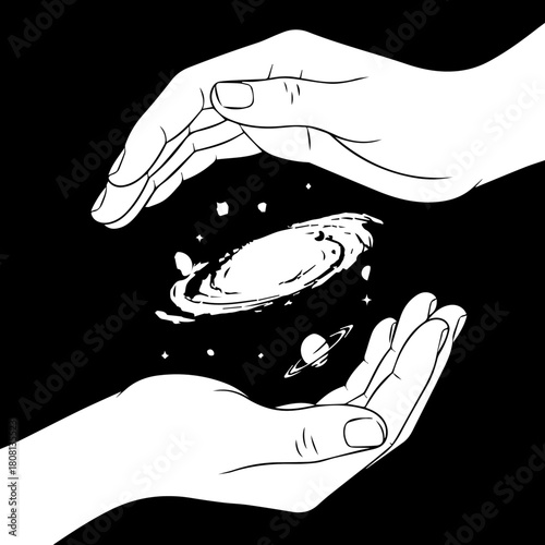 A mystical black and white illustration of two hands gently holding a miniature galaxy, symbolizing the universe, creation, and cosmic power