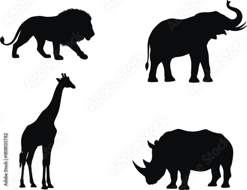 Wild animal silhouette illustration featuring lion, elephant, giraffe, rhinoceros, African wildlife vector set, black design, safari nature concept artwork